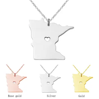 

Trendy Minnesota Map Necklace Stainless Steel Minnesota Map Heart Pendant Necklace Women Fashion Map Jewellery Gift 12pcs/lot