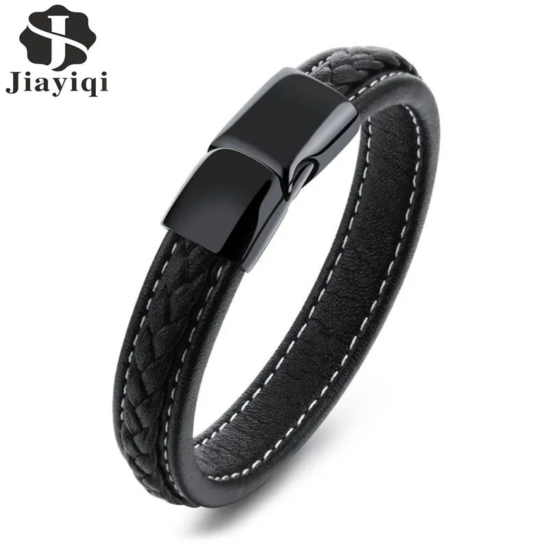 

Jiayiqi Fashion Men Bracelet Black Leather Bracelet Stainless Steel Bracelets & Bangles Male Punk Jewelry Magnetic Pulseras