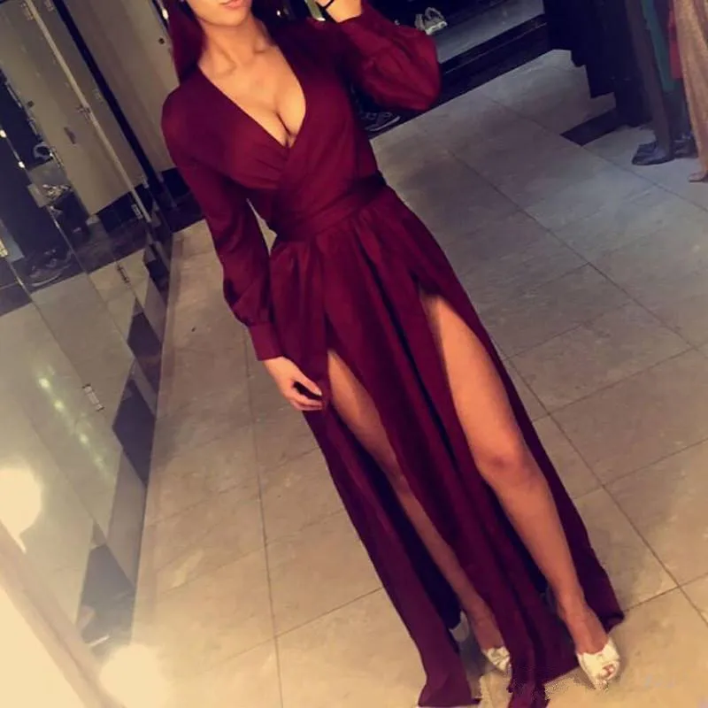 Глубокий V Шеи Вечерние Платья 2017 Sexy Бургундия Длинные Рукава пром Line Разделяет