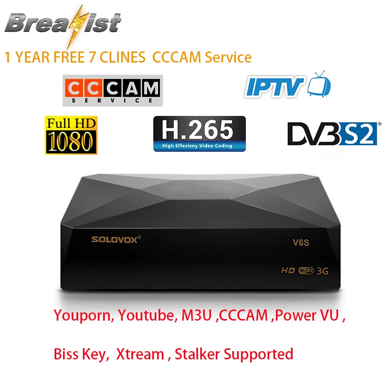

V6S Receptor DVB S2 H.265 Satellite Receiver Support 7 Clines CCCAM PowerVu DRE Biss key PowerVU Stalker M3U IPTV Spain service