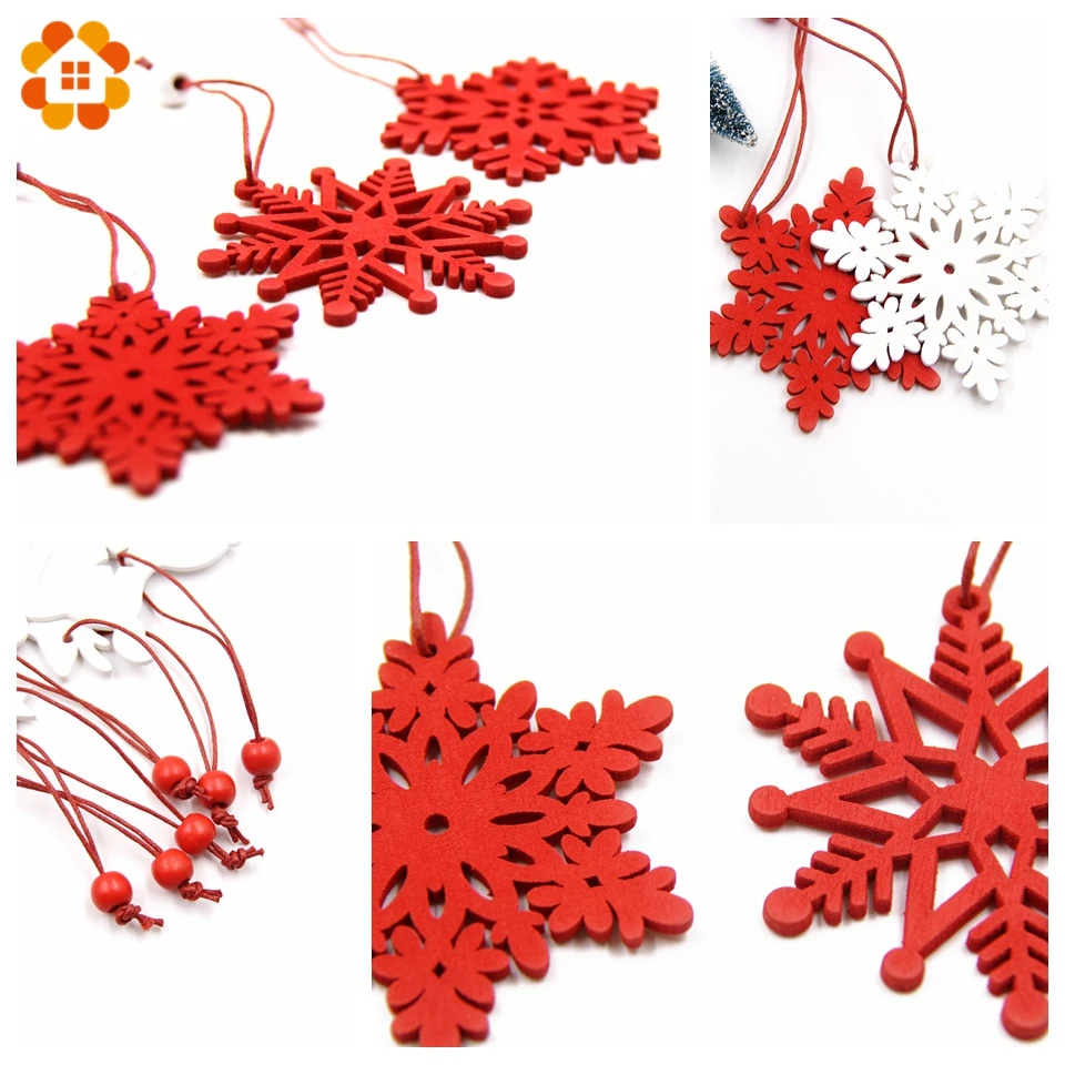 6PCS DIY White&Red Snowflakes Christmas Wooden Pendants Ornaments For Xmas Tree Ornaments Christmas Party Decorations Kids Gift