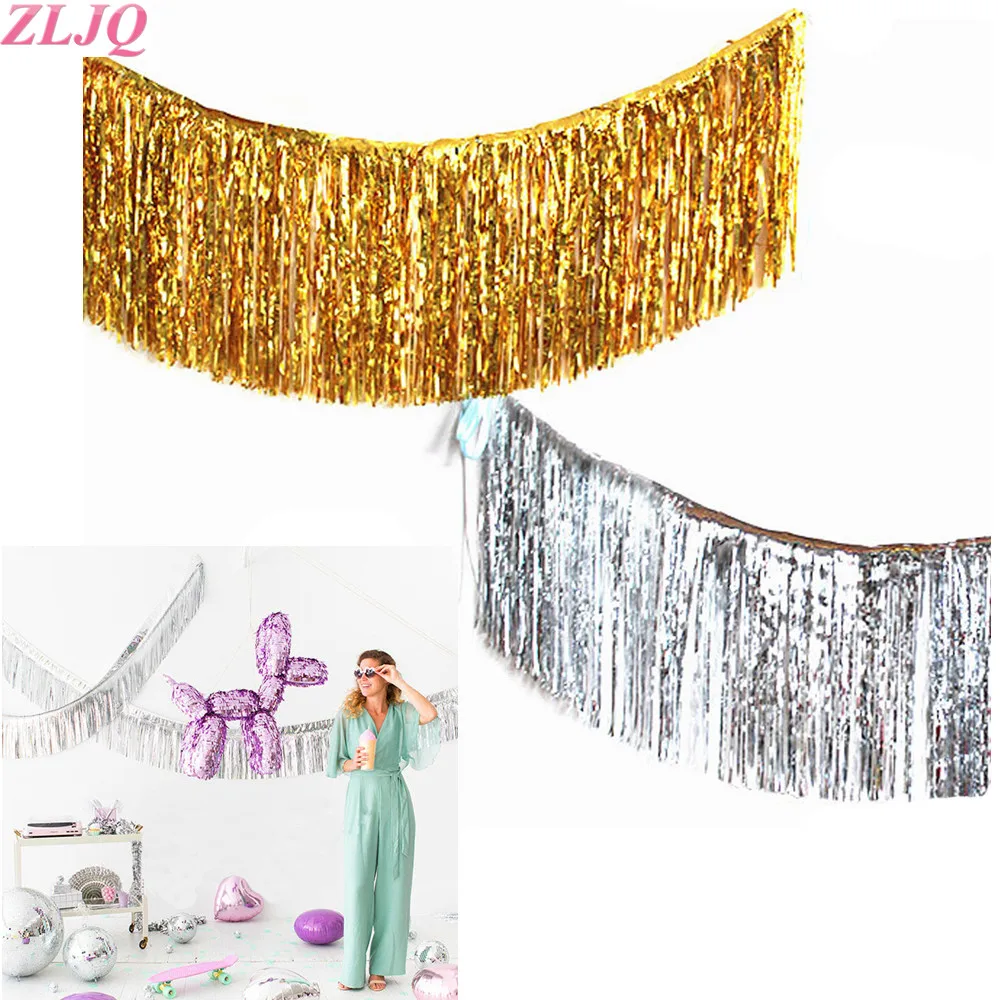 

ZLJQ 120CM Shining Gold Silver Rain Curtain Stage Banner Birthday Wedding Decoration Holiday Party Scene Garland Photo Props