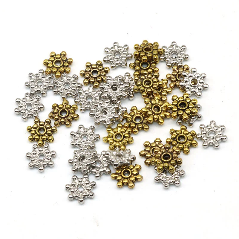 

100pcs Metal Snowflake Beads Silver & Gold Spacer Beads European Beads Charms For Jewelry Making Accessories Fit DIY 8mm