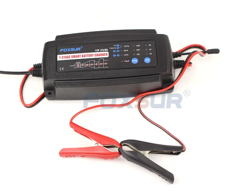 FOXSUR 12V 2A 4A 8A 7-stage smart Battery Charger, GEL WET AGM Battery type & Charge current selectable, Car battery charger FOXSUR 12V 2A 4A 8A 7-stage smart Battery Charger, GEL WET AGM Battery type & Charge current selectable, Car battery charger