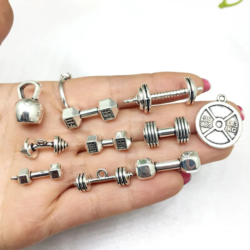 

10pcs/lot Silver Sports Equipment Charms Pendants Collection-Tags Kettle Bell Dumbbell Barbell Weight, Perfect Fashion Necklace