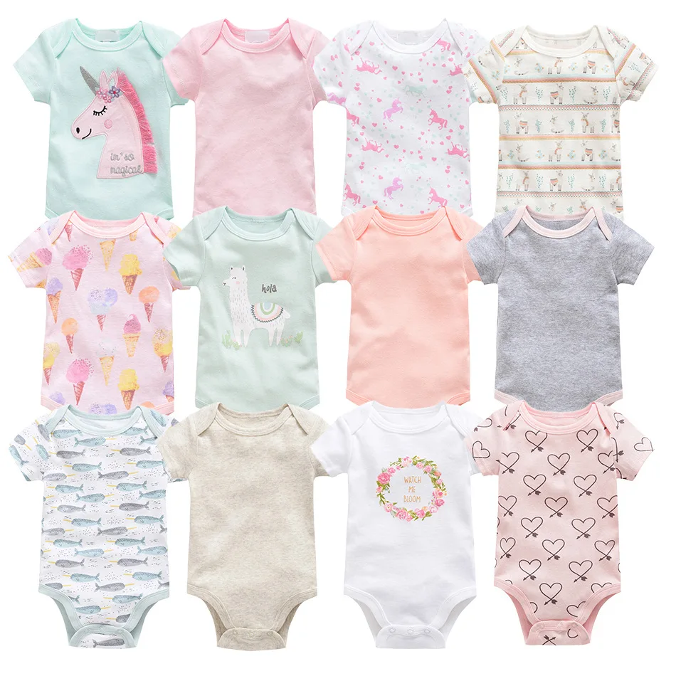

6pcs New Born Baby Short Sleeved Girls Boys Summer Short Sleeved Cartoon Printed Bag Fart Rompers Infant Cotton Body Suit