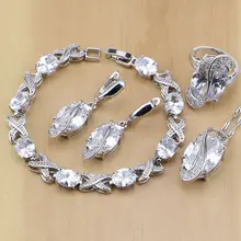 Модные ювелирные изделия из стерлингового серебра 925 пробы белые CZ комплекты украшений для женщин Свадебные серьги подвеска ожерелье кольца браслет