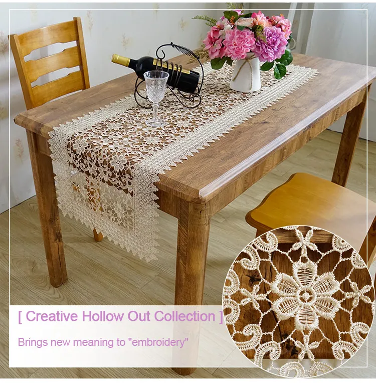 LongShow Luxury Pure Chemical Embroidered Lace Banquet Dining Decoration Hollow-Out Design Table Runner TV Stand Cabinet Cover