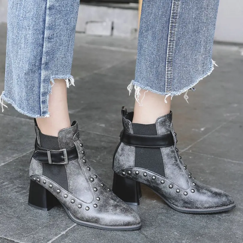 

NAYIDUYUN New Fashion Womens Spike Studded Point Toe Office High Heels Slip On Party Pumps Shoes Low Top Casual Ankle Boots
