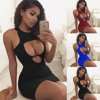 

Hot Sexy Women Sleeveless Bandage Dress Hollow Out Sleeveless Solid Bodycon Evening Party Club Sexy Mini Casual Summer Dress