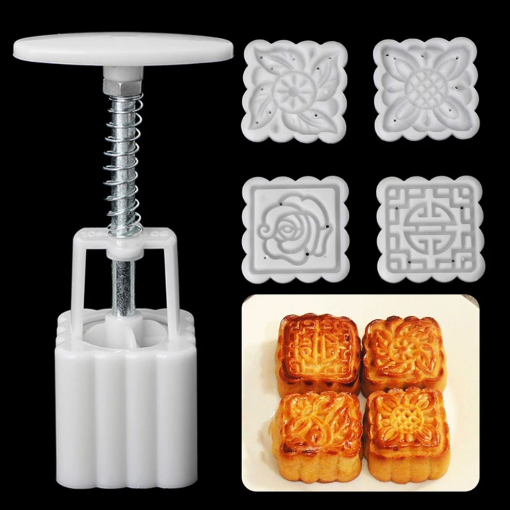 5Pcs/set Square Flower Mooncake Mold DIY Hand Pressure Fondant Moon Cake Cake Decorating Tools Mid-autumn Festival