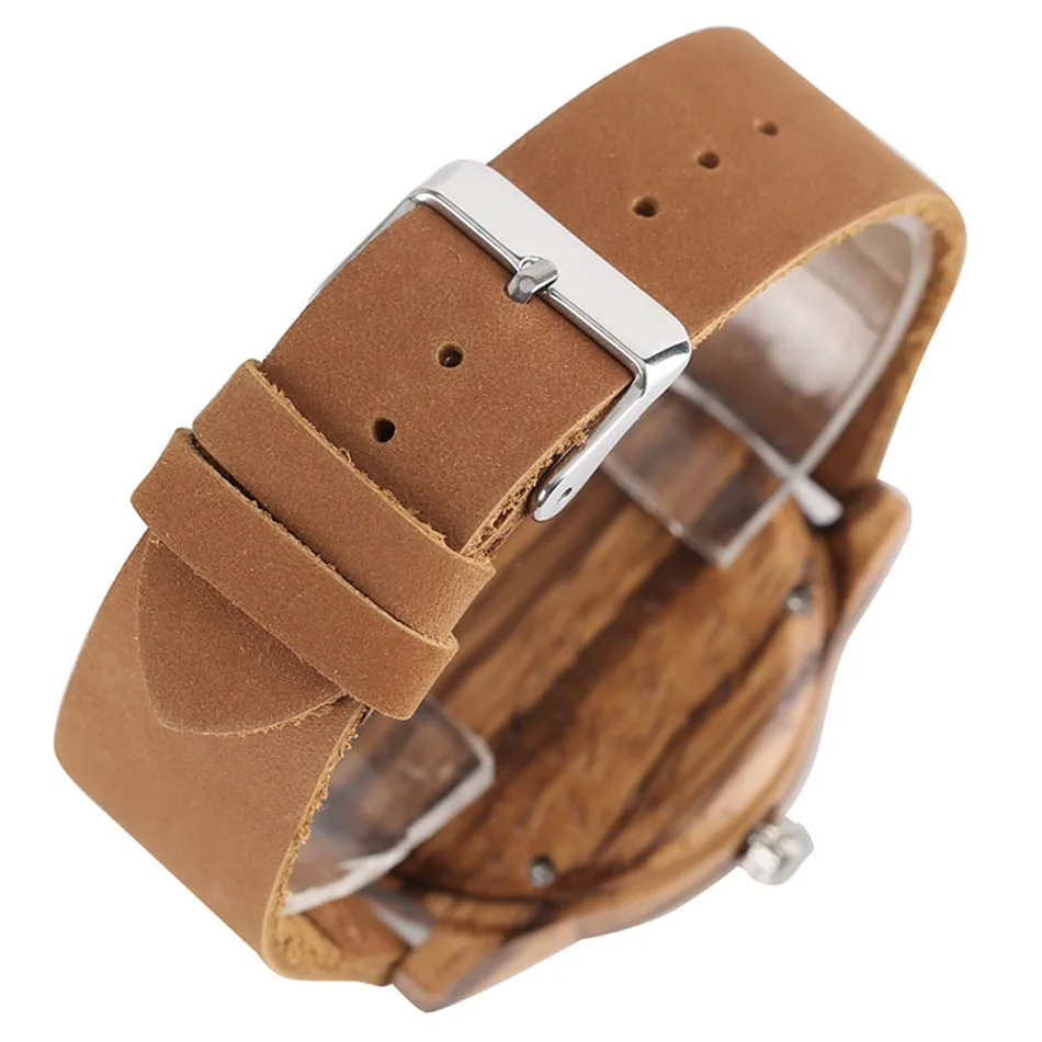Creative Zebra Wooden Watch Nature Handmade Men Genuine Leather Band Strap Quartz Wrist Watch Reloj de madera 6