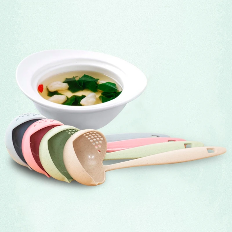 

2 in 1 Wheat Straw Long Handle Soup Spoon Home Kitchen Porridge Ladle Filter