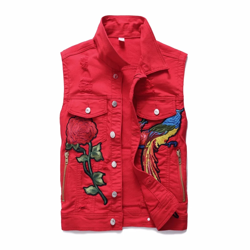 Men's Fashion Red Denim Vests Men Motorcycle Biker Vest Graffiti Print
