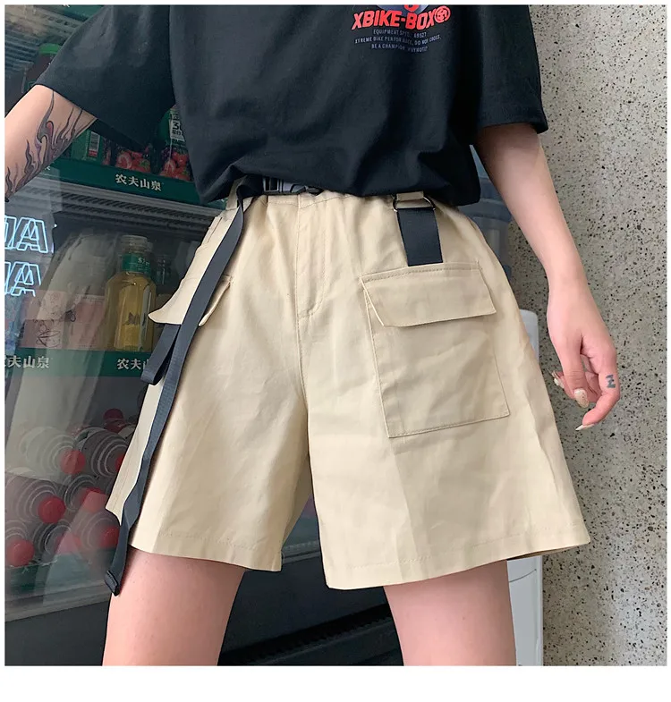 Женские летние шорты в Корейском стиле Харадзюку, свободные, для пары, для улицы, с Цельным Поясом, простые, BF, спортивные, повседневные, Ретро стиль, Карго, короткие, трендовые
