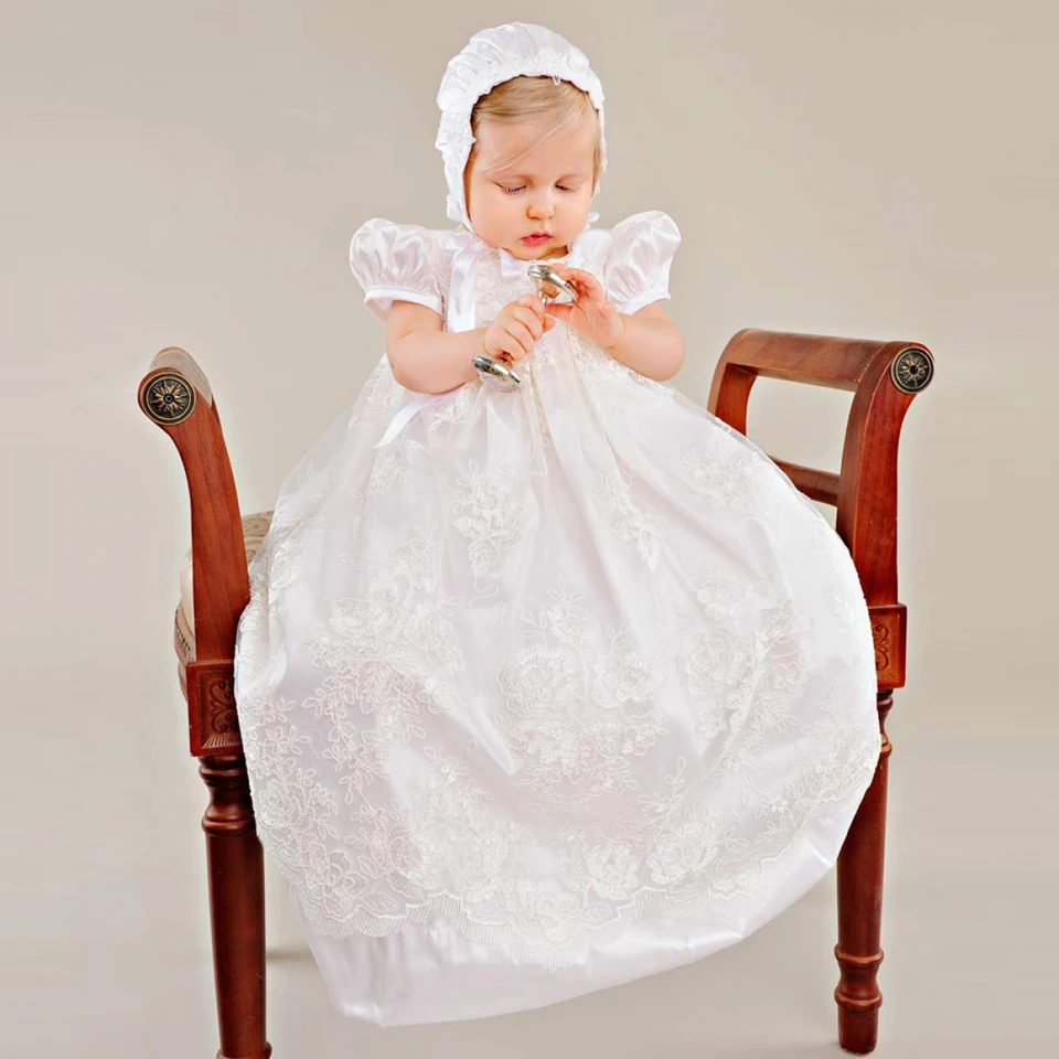 

With Hat Baby Christening Dress Empire Waistline Short Sleeves Lace Appliques Ruffled Baby Girl Baptism Birthday Gowns Hot Sale