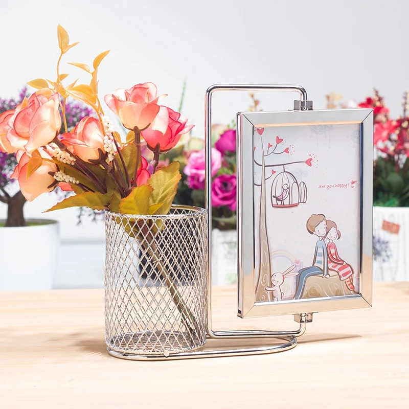 Simple metal stainless steel photo frame with pen holder storage box
