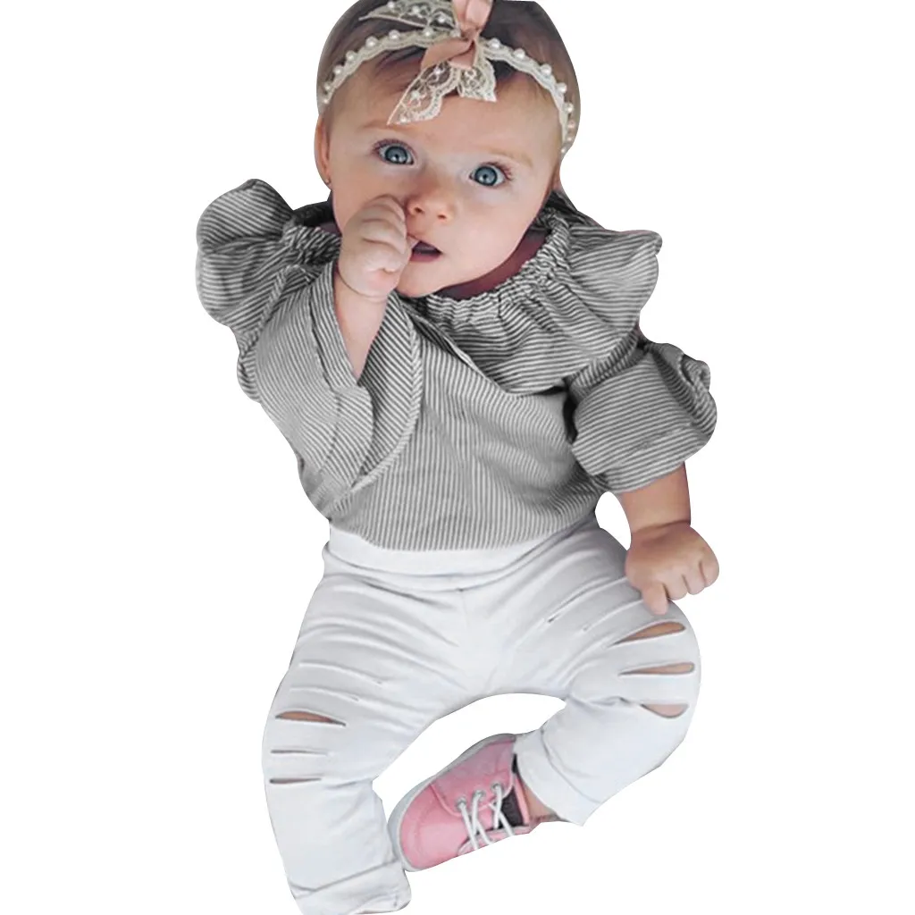 

Striped Clothing Children Set Toddler Infant Baby Girl Striped Tops Romper Ripped Pants Outfits Clothes Set 2019 New Arrival