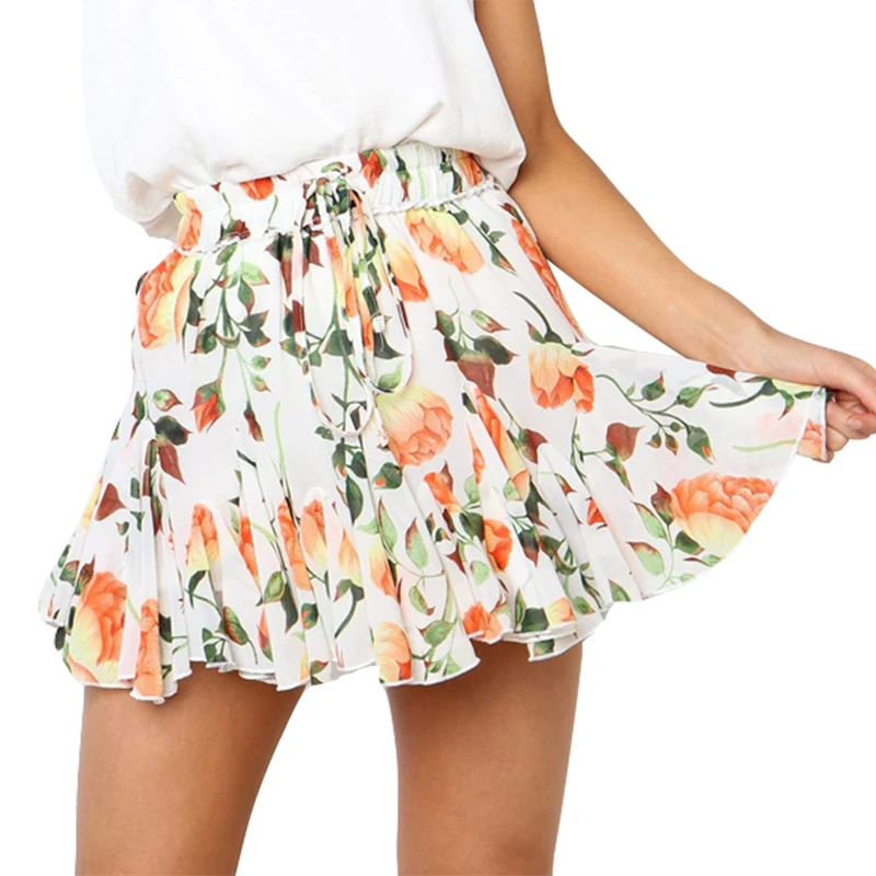 

Summer Beach Casual Short Skirts Boho Floral Printed Women Skirt Elastic High Waist Ruffles Mini Skirt Vintage Harajuku M0478