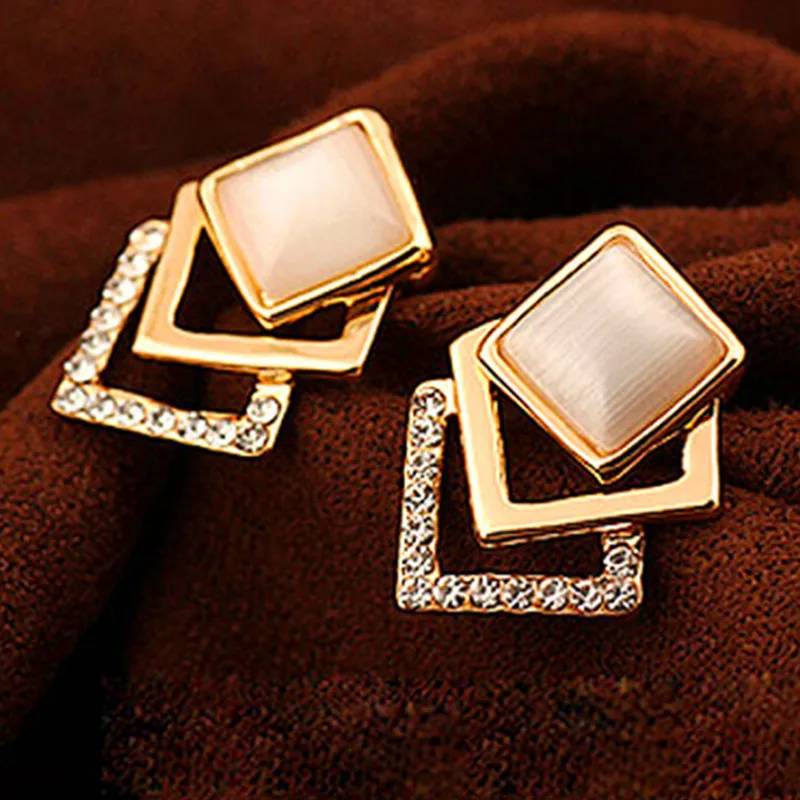 

2015 New Style Korean Temperament OL Fashion Sparking Rhinestone Geometry Square Opal Stud Earrings