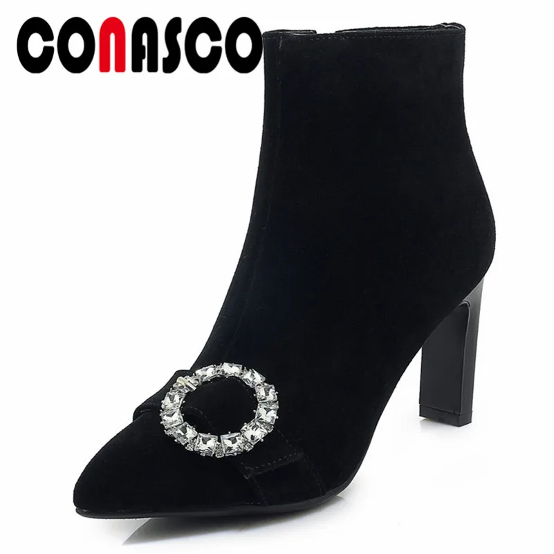 

CONASCO New Women Cow Suede Ankle Boots Rhinestone Party Wedding Shoes High Heeled Autumn Winter Martin Boots Female Office Pump