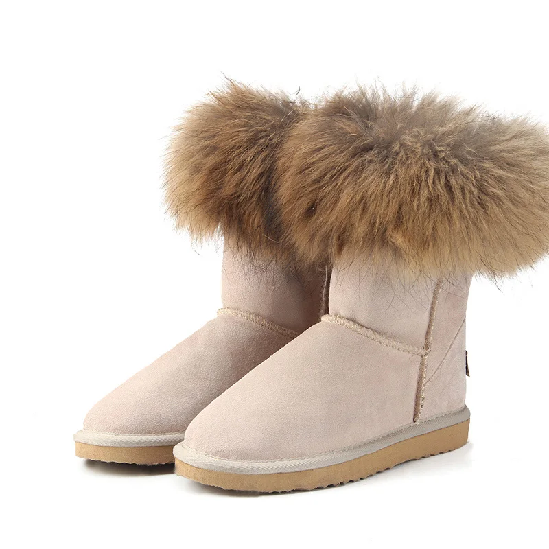 MBR FORCE Fashion Women's Natural Real fox Fur Snow Boots Genuine Cow Leather women Boots Female Warm Winter Boots Shoes - Цвет: Sand