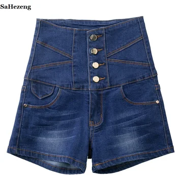 

High Quality 5XL Streetwear Denim Women Shorts 2018 Summer Vintage High Waist Shorts Female Plus Size Button Jeans Shorts S10-1