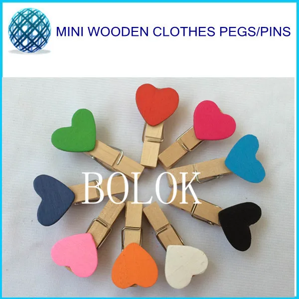 

100pcs/lot Colorful Heart Shape Mini Wooden pegs Wedding Party Decoration Photo postcard paper Clips Wholesale