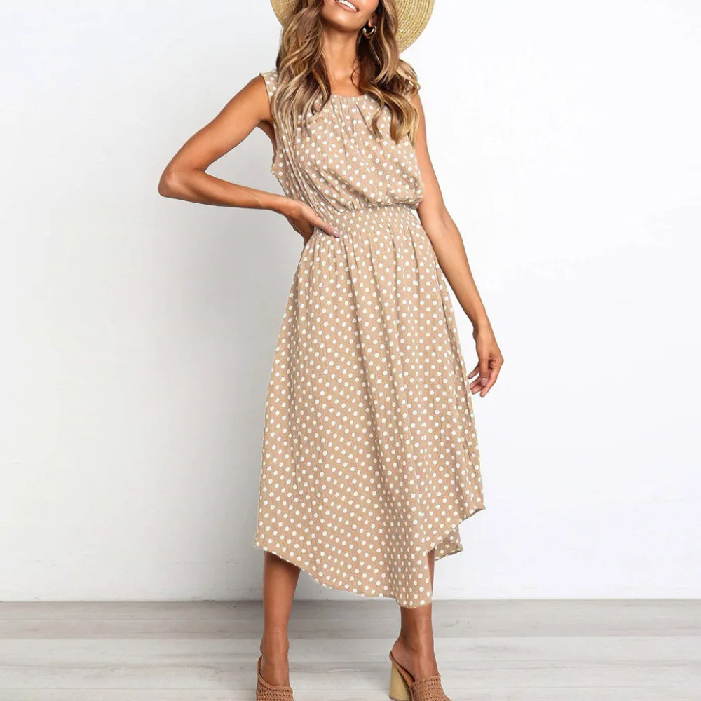 

Women Sexy Dot Printing Sleeveless O Neck Dress Evening Party Dress