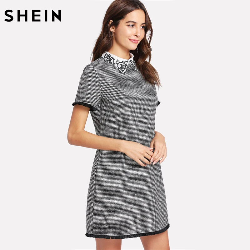 SHEIN Модное Платье С Кружевной Вставкой Офисное В Клетку Коротким Рукавом|work dresses