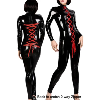 

Sexy Vinyl Catsuit Lingerie Long Sleeve Erotic Leotard Costumes Wet Look Faux Leather Bodysuit Red Ribbon Lace Up Jumpsuit