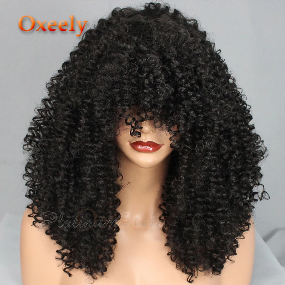 Oxeely Curly Hair Synthetic No Lace Wig Natural Black Afro Curls Kinky Curly Wig Glueless Fiber Hair Wigs for Black Women