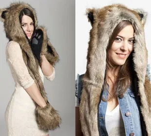 Animal Hat Fashion Hot Sale Lovely Cartoon Wolf Furry Plush Warm Cap with Scarf Gloves 2015 new arrival M&ampT TOP sale | Тематическая