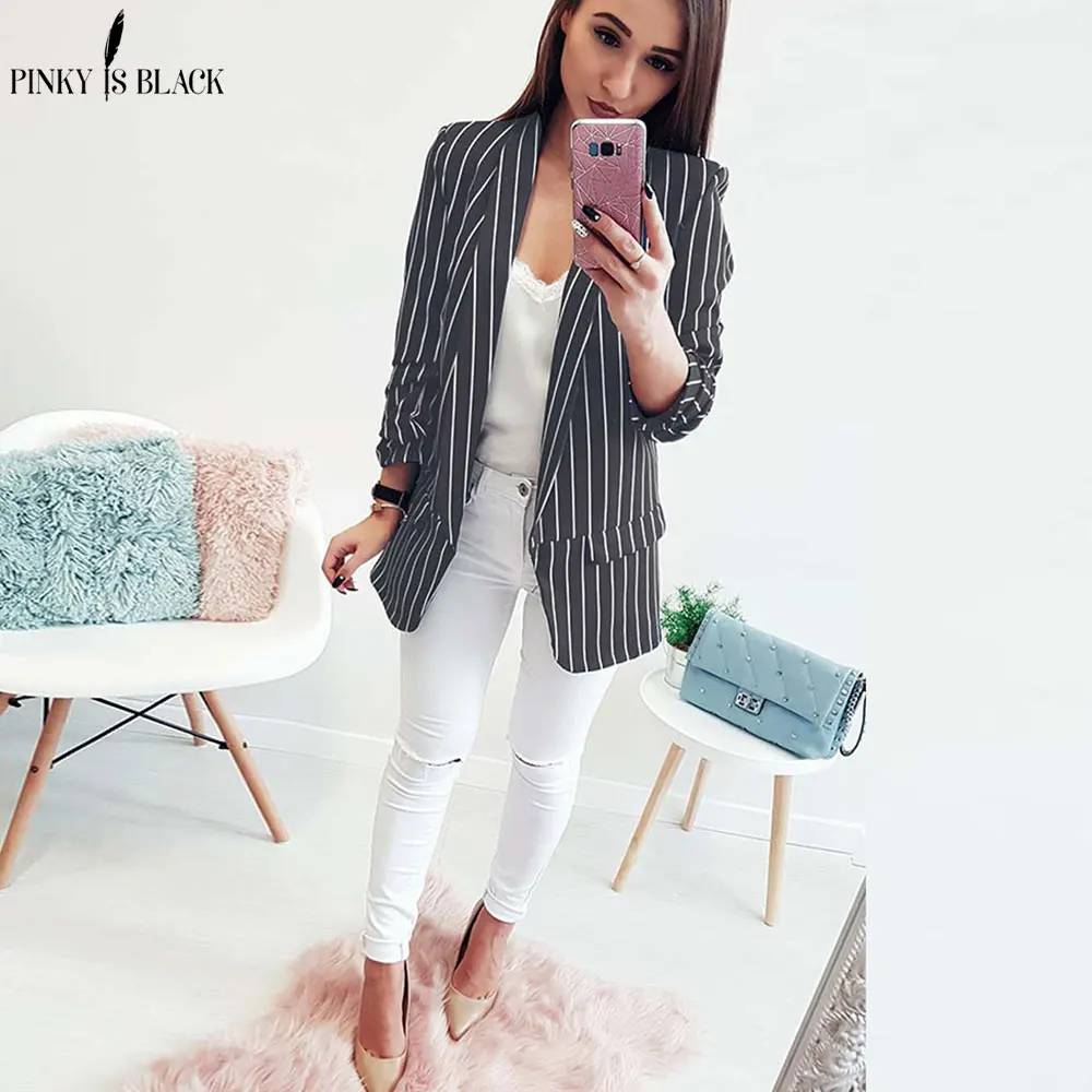 PinkyIsBlack Spring Female Blazer Jacket Black White Striped Casual Suit Long Sleeve Women Jacket Blazer Autumn Cardigan Femme