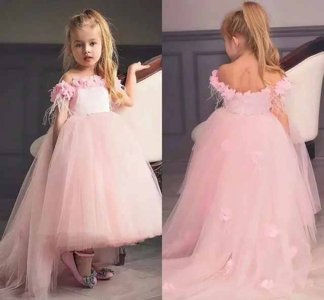 BONJEAN Pink Tulle High Low Flower Girls Dresses For Wedding Princess 3D Boat Neck Fisrt Communion Dress Party | Свадьбы и торжества