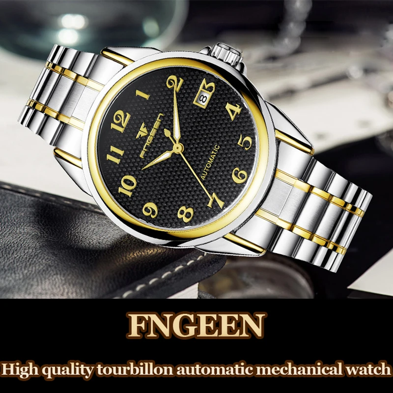 Бренд fngeen стальные механические часы для пожилых мужчин наивысшего качества водонепроницаемые светящиеся цифровые наручные часы Авто Дата Saat золотые часы