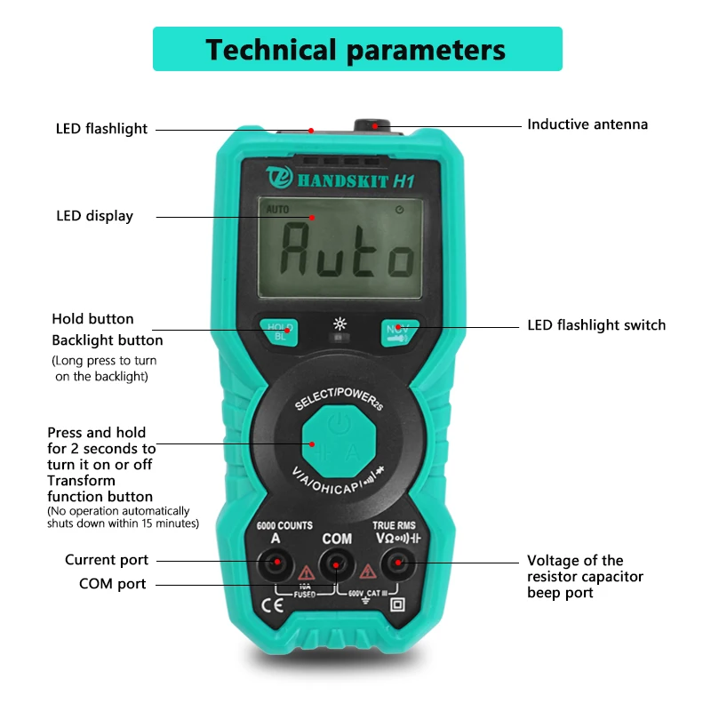 Digital Multimeter 6000 Counts Auto Ranging AC/DC Voltage Meter Back light With Needle Point Test Probe Leads