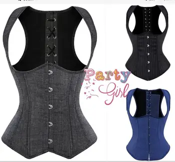 

6XL gothic corset women modeling strap metal busk clips shoulder straps corset vest denim corset underbust waist slimming corset