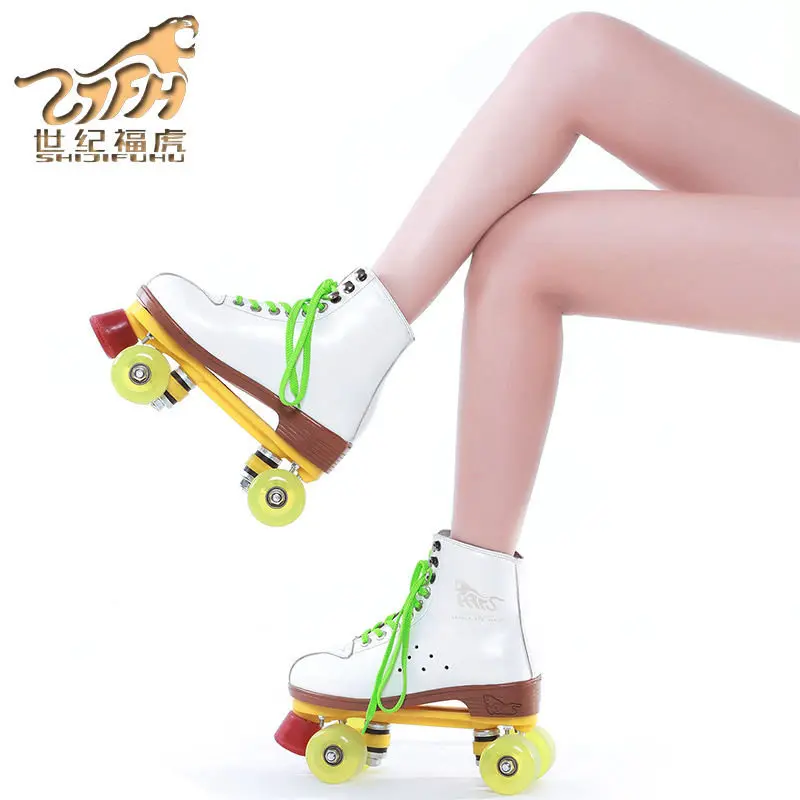 جلد طبيعي زلاجات دوارة مزدوجة خط Patines النساء نماذج الكبار أسود مع سباق 4 بو عجلات اثنين خط الأسطوانة أحذية التزلج