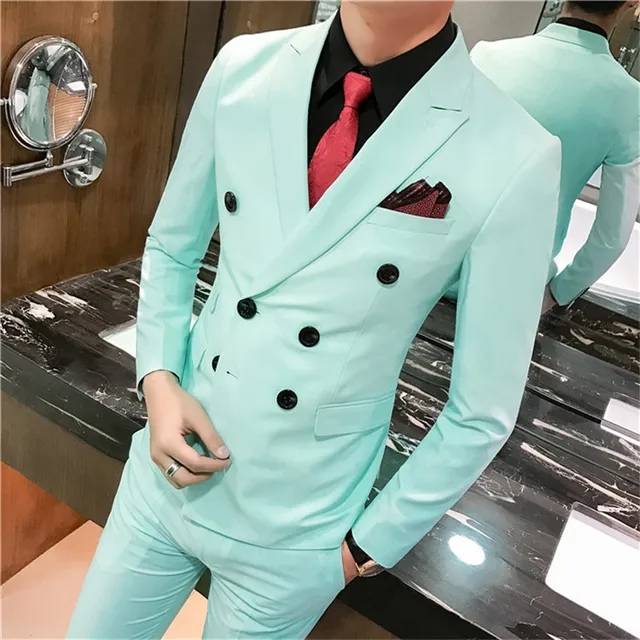 Men's Fashion Double Breasted Mint Green Men Suit Slim Fit Formal