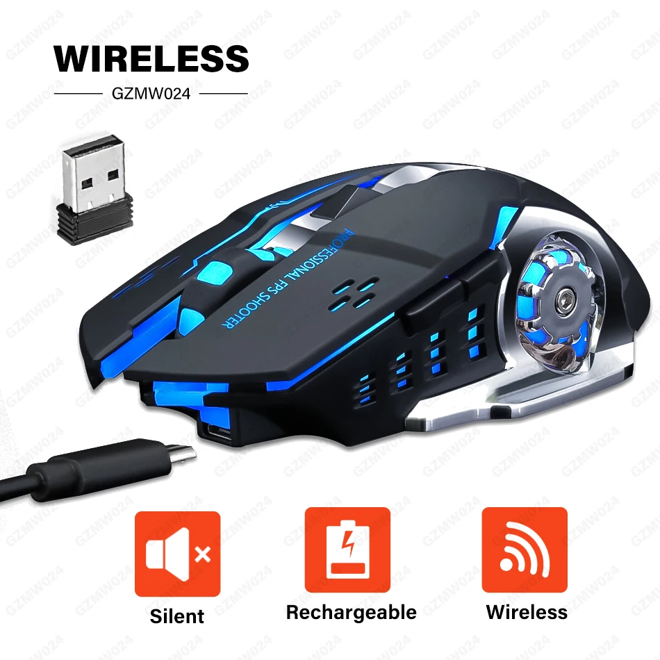 

2400 DPI Rechargeable Wireless Mouse RGB Backlight Silent Ergonomic Gaming Mice for Laptop Computer Pro Gamer GZMW024