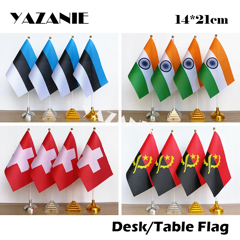 

YAZANIE 14*21cm 4PCS Estonia Indian Table Flag Set with Golden Base Switzerland Angola National Custom Desk Flags and Banners