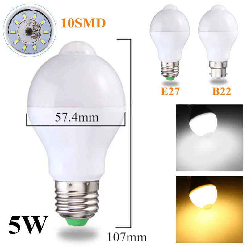 Smuxi E27 B22 движения Сенсор светодиодные лампы 5 Вт 7 Вт 12 Вт смарт-pir Сенсор LED Лампочки авто вкл/Выкл ночь Освещение AC85 ~ 265 В