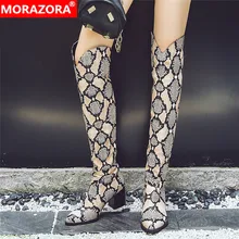 MORAZORA/Большие размеры 34–48 Женские ботинки с леопардовым принтом, на квадратном каблуке; на осень-зиму сапоги женские облегающие ботфорты выше колена