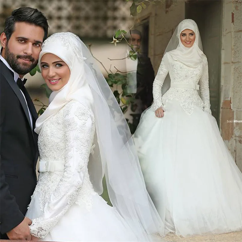 A-line-Long-Sleeve-Lace-Applique-Muslim-Wedding-Dress-Vestido-Noiva-Casamento-Fashionable