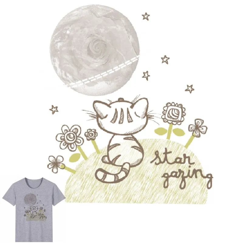 

22x21cm Fashion Moon cat Iron On Stickers Washable Appliques A-level Patches Heat Transfer For DIY Accessory Clothing