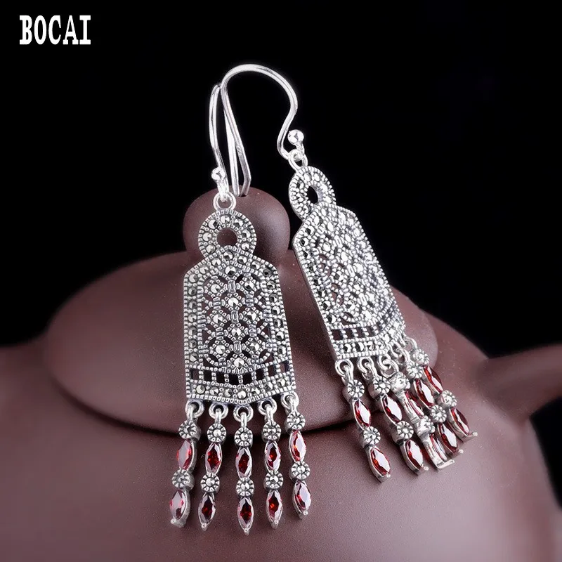 BOCAI 100% S925 Sterling Silver Ear Drop 2021 Fashion Simple Thai Silver Tassel Garnet Jewelry Pure Augentum Earrings For Women