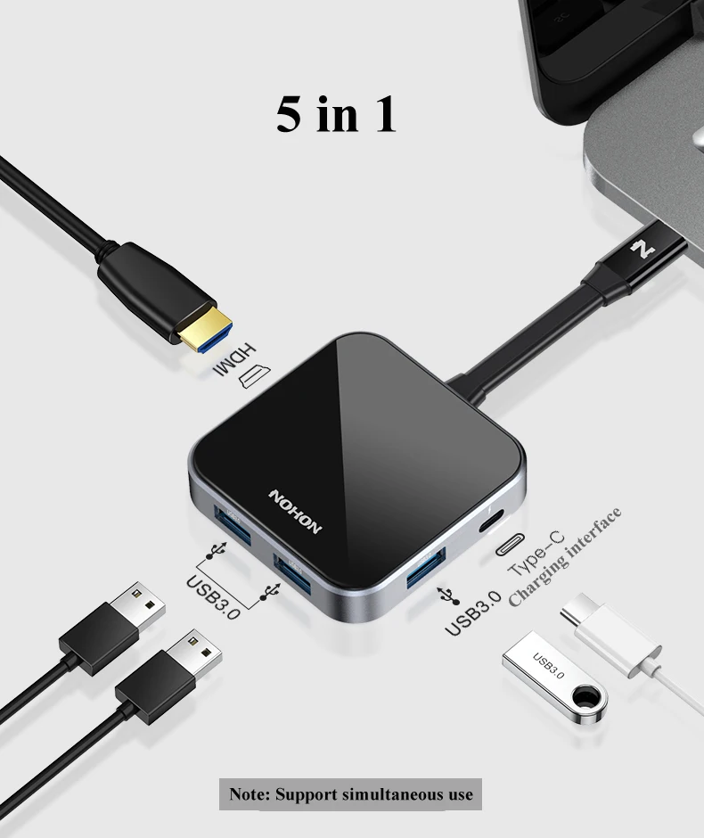 Nohon USB C HUB 3.0 HUB HDMI Thunderbolt 3 Adapter For MacBook Huawei P20 Pro Mate10 Samsung Galaxy S9 Note 9 Type C PD  USB HUB NH-HUB02 Details  (02)