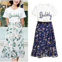 Лето, Женский комплект одежды, жемчуг, бисер, футболки с буквами, короткий топ+ оборки, Элегантный цветочный принт, тонкие юбки, костюмы NS607