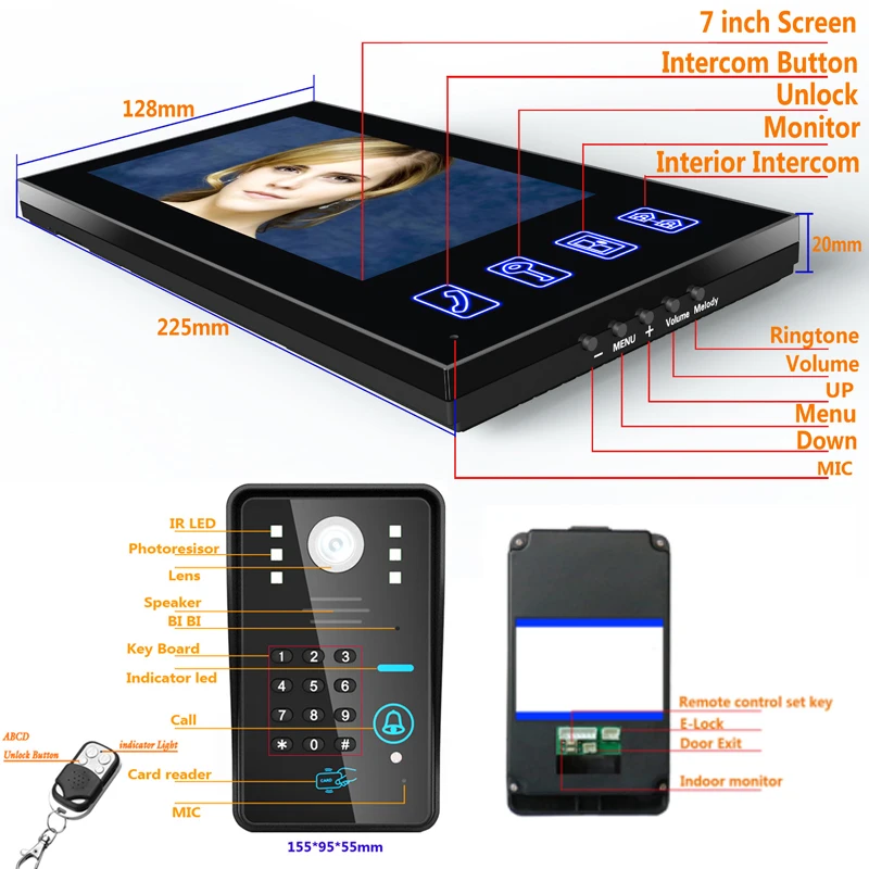 Touch Key 7" Lcd RFID Password Video Door Phone Intercom System Wth IR Camera 1000 TV Line Remote Access Control System